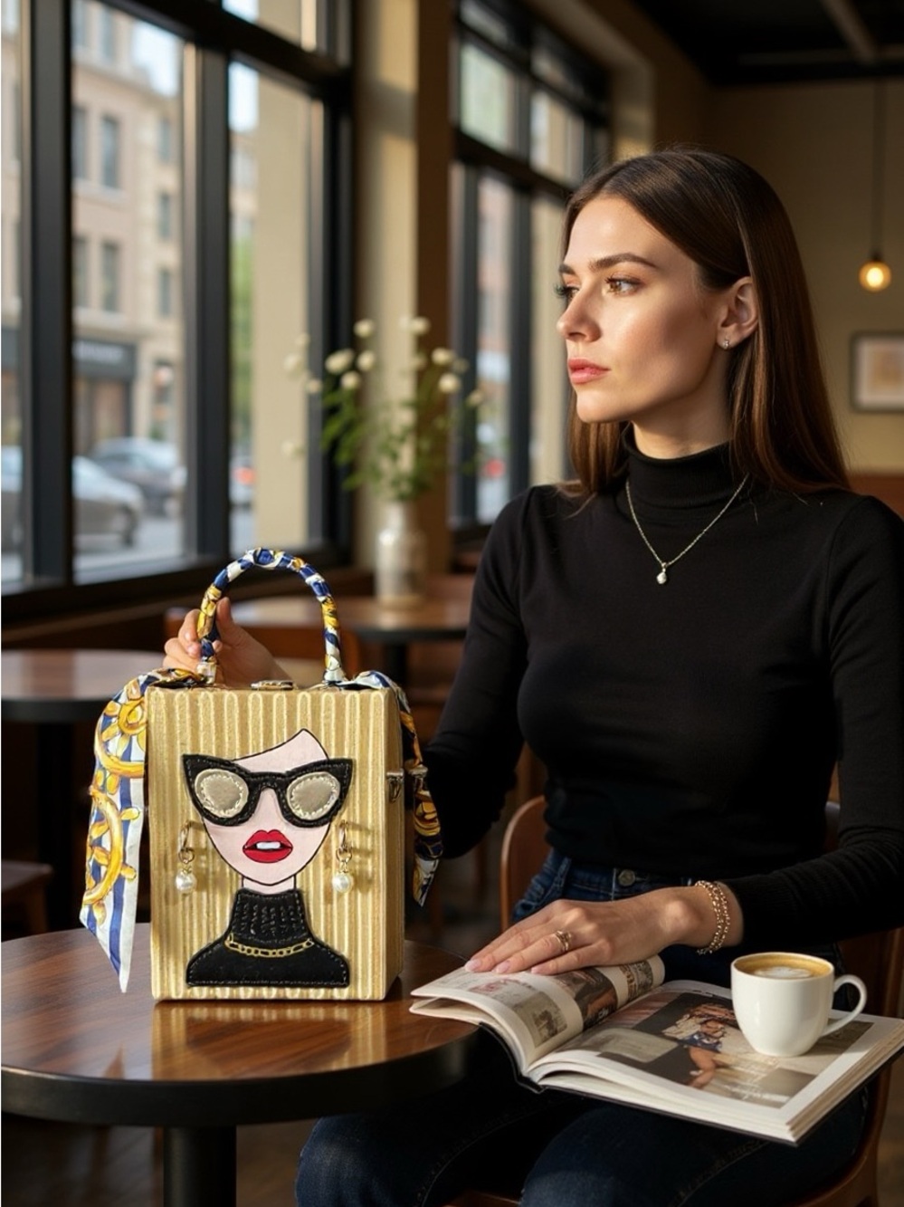 Gold Novelty Face Appliqué Top-Handle Bag